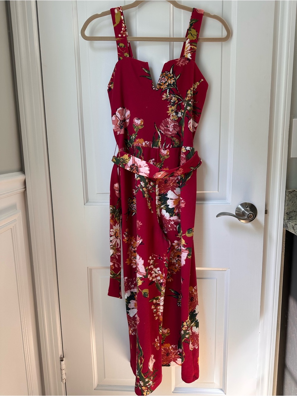 Xhilaration Red Floral Jumpsuit with Belted Waist Size XS